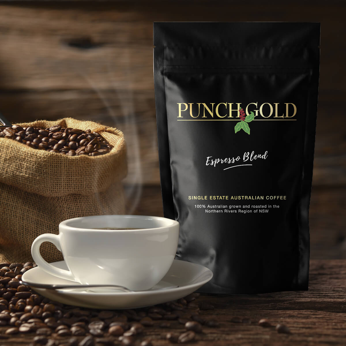 Punch Gold Coffee bag with coffee cup